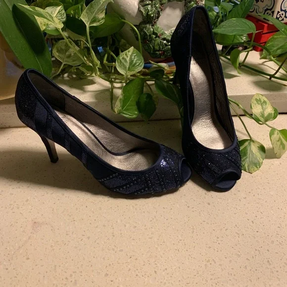 Woman Elegant Dark Navy Blue w/Glitter heels sz9.5 - Picture 8 of 10